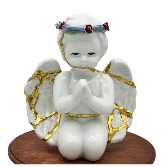 Kintsugi Angel Kneeling Praying Porcelain Cherub Gold Crack Personal Growth Gift - Picture 11 of 11